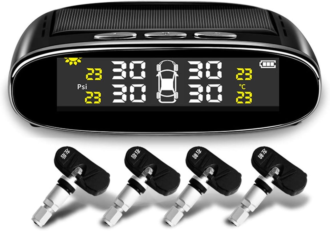 CHLJ TMPS Tire Pressure Monitoring System, Wireless Solar LCD Real-Time Display Pressure and Temperature Automatic Safety Alarm System, 4 Internal Sensors