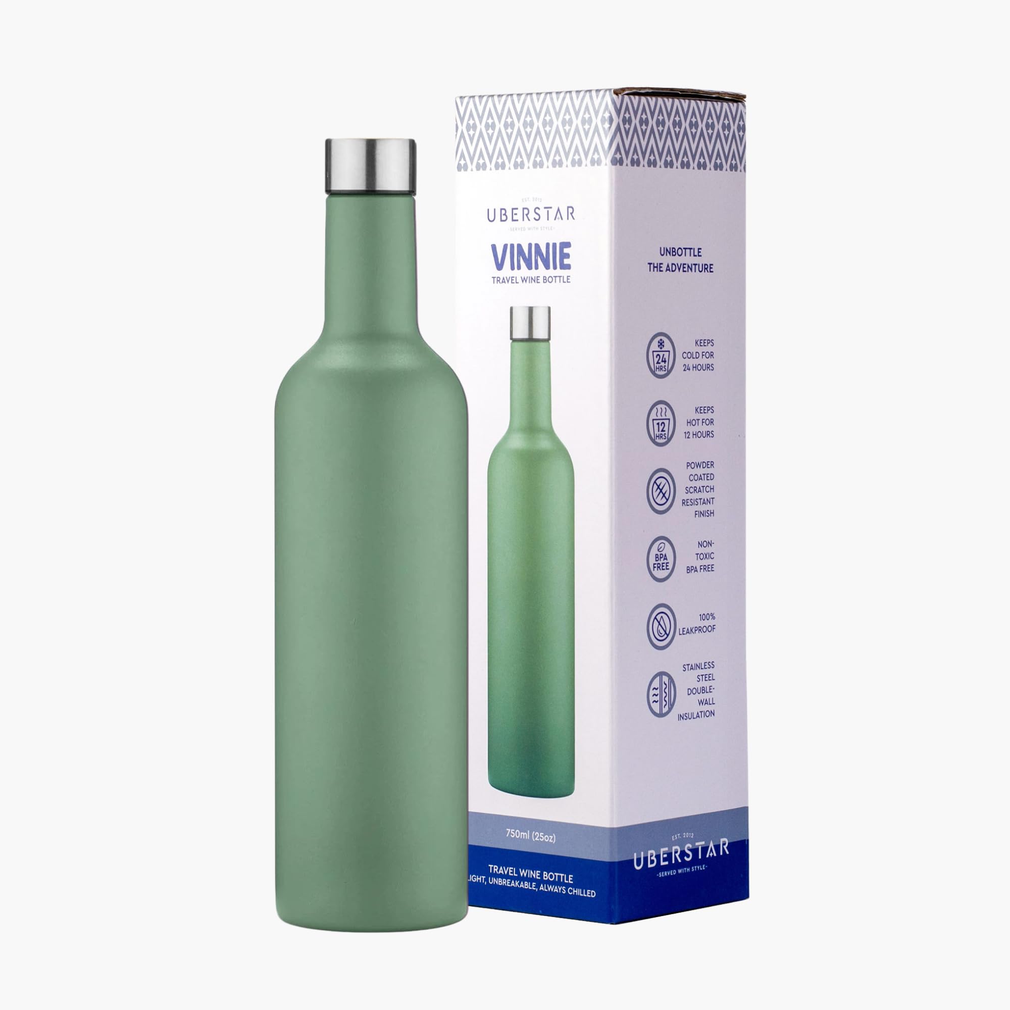 EST 2012 UBERSTAR BARWARE & GIFTS VINNIE Stainless Steel Insulated Travel Wine Bottle 750ml / Hot or Cold Drinks/Reusable Flask Screw Top/Water Wine Juice (Sage Green)