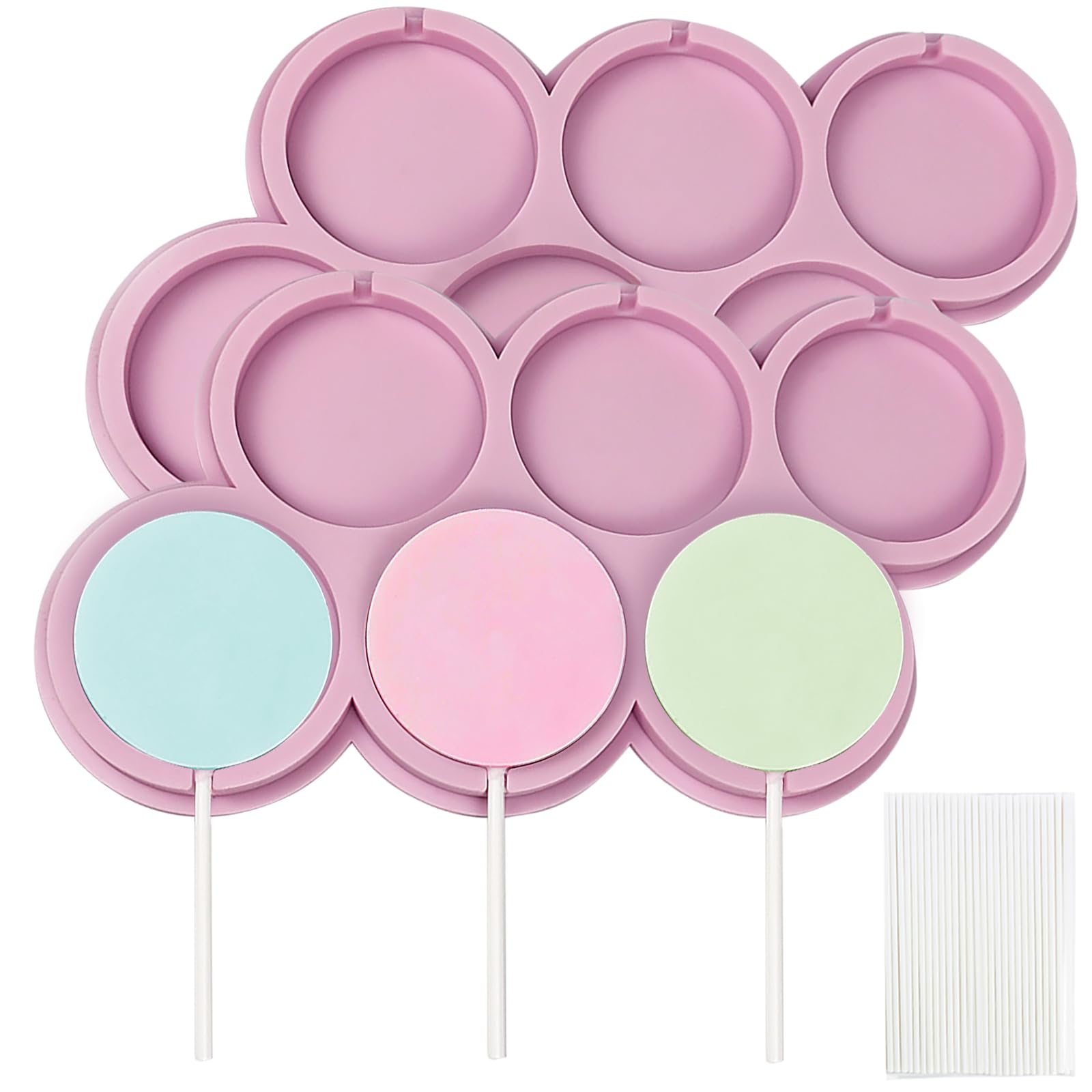 BFJ Silicone Lollipop Moulds 2 pcs Chocolate Lolly Mould 5cm Plain Round Sucker Candy Molds 8 Cavity with 25 Lollipop Sticks