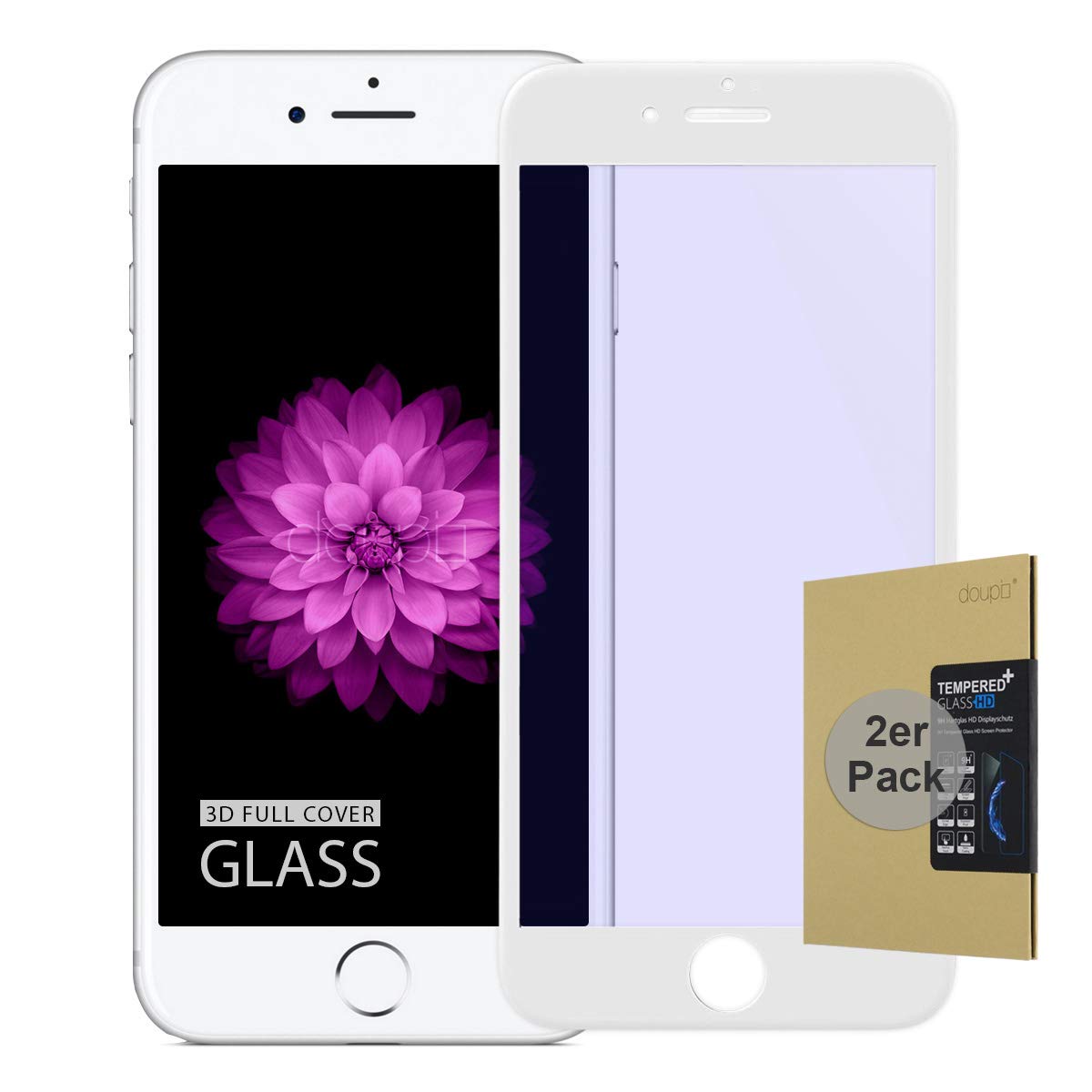 doupi 2X FullCover Screen Protector for iPhone 6 Plus / 6S Plus (5,5 inch), Premium 9H HD Anti Scratch [3D Touch Supported] Tempered Glass Film, 2-Pack, white