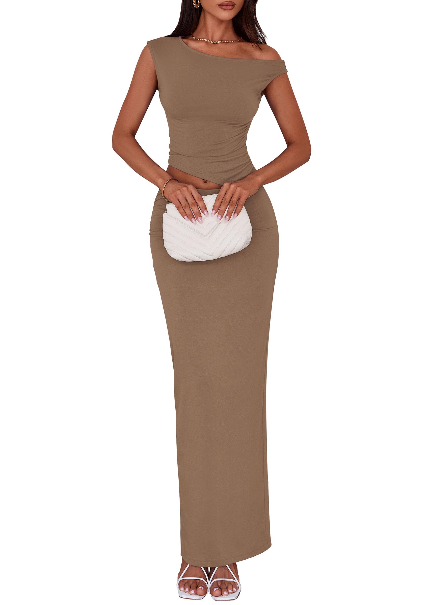 Photo 1 of PRETTYGARDEN Skirt Sets Women 2 Piece Outfits Summer 2025 One Shoulder Sexy Ruched Bodycon Maxi Long Skirts (Khaki,Large)