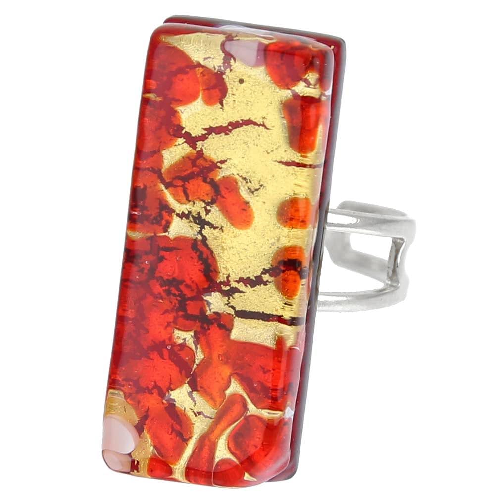 Glass Of Venice Murano Glass Venetian Reflections Rectangular Adjustable Ring - Red Gold