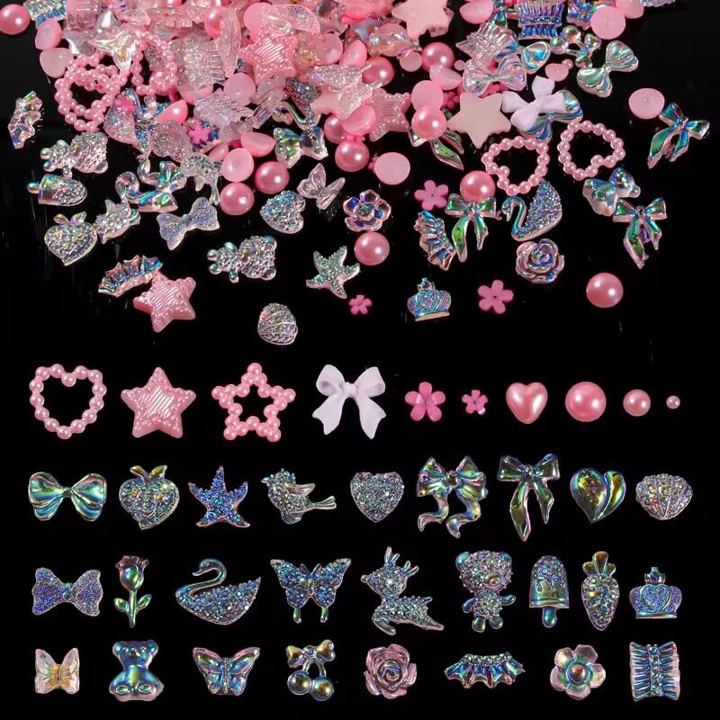 3D Nail Charms, 400 Pcs Multi Shapes Butterfly Flower Bear Bow Heart Nail Art Charms Nail Rhinestones Gems Nail Pearls for Nail Art Decoration Jewelry Accessories DIY Crafts (Mixed-Aurora Pink A) — image 1