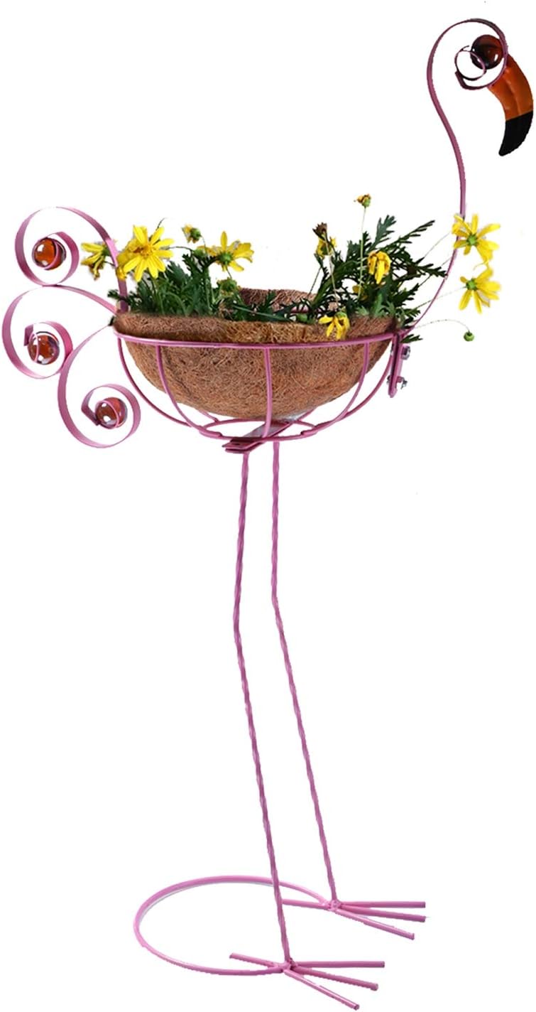 MorTime Flamingo Bird Planter, Pink Metal Flamingo with Basket Decorative Pots Containers Stand for Indoor Outdoor Home Garden Patio Lawn… (30 in)