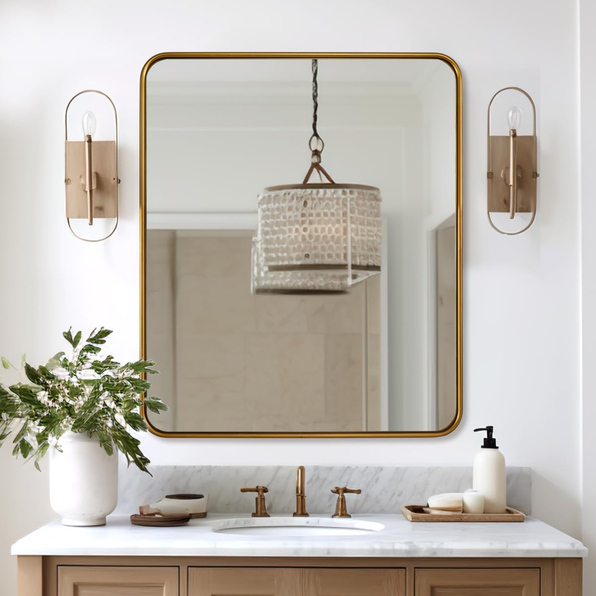 Photo 1 of ANDY STAR Brass Mirror, 36x40 Inch Gold Rectangle Mirror for Bathroom with Rounded Corner, Brushed Brass Vanity Rectangular Mirrors with Tube Metal Frame, Wall Mounted