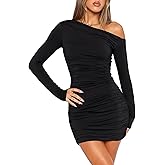 OZICERD Long Sleeve Bodycon Off The Shoulder Dresses for Women Casual Fall Going Out Club Party Short Mini Dress Cute Ruched