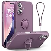 ABITKU for iPhone 16 Case with Ring Stand, Liquid Silicone Slim Design Support Magnetic Car Mount (with Wrist Strap Lanyard) Phone Cover for iPhone 16, 6.1 inch, Lilac Purple