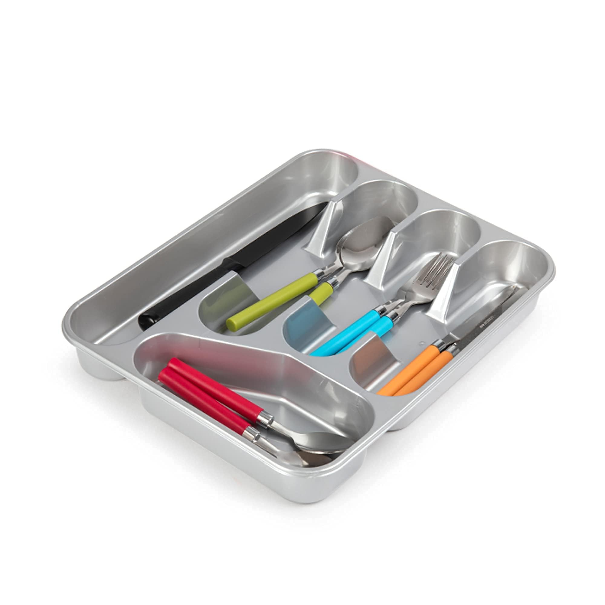 PLASTIFIC Large CUTLERY TRAY Flatware Organiser Strong Plastic Drawer Sliding Tidy Rack Holder Drawer Insert Tidy Storage, 33.5 x 26.5 x 4.5 cm - Solid Base, Silver