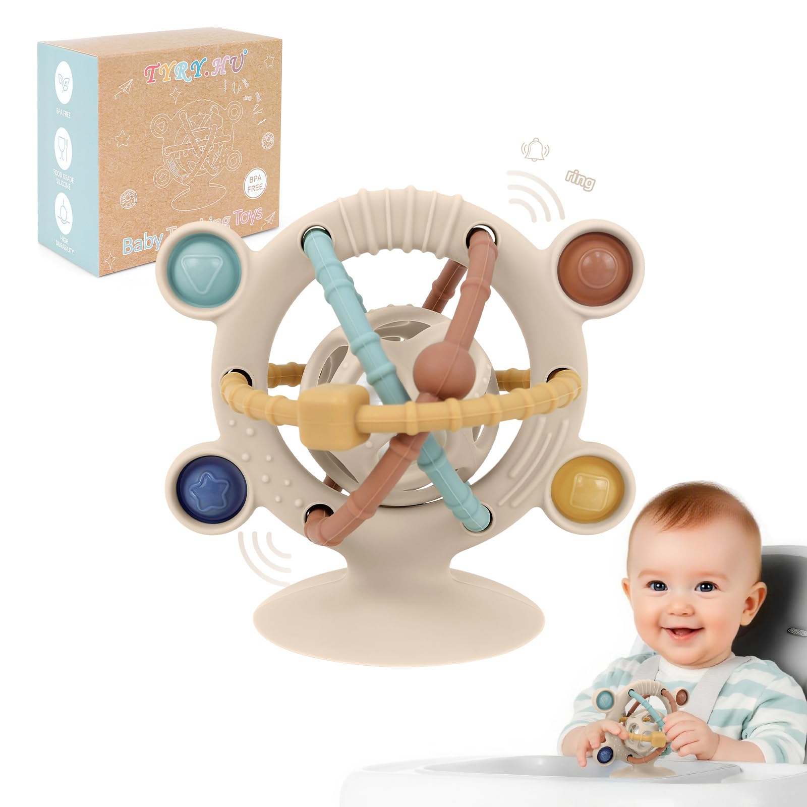 TYRY.HU Baby Einstein Silicone Rattle with Suction for High Chair Toys, 6 Months Baby Toys, Infant Teething Toy, Baby Travel Highchair Toy, Suction Toys, Sensory Toy for 6 Months