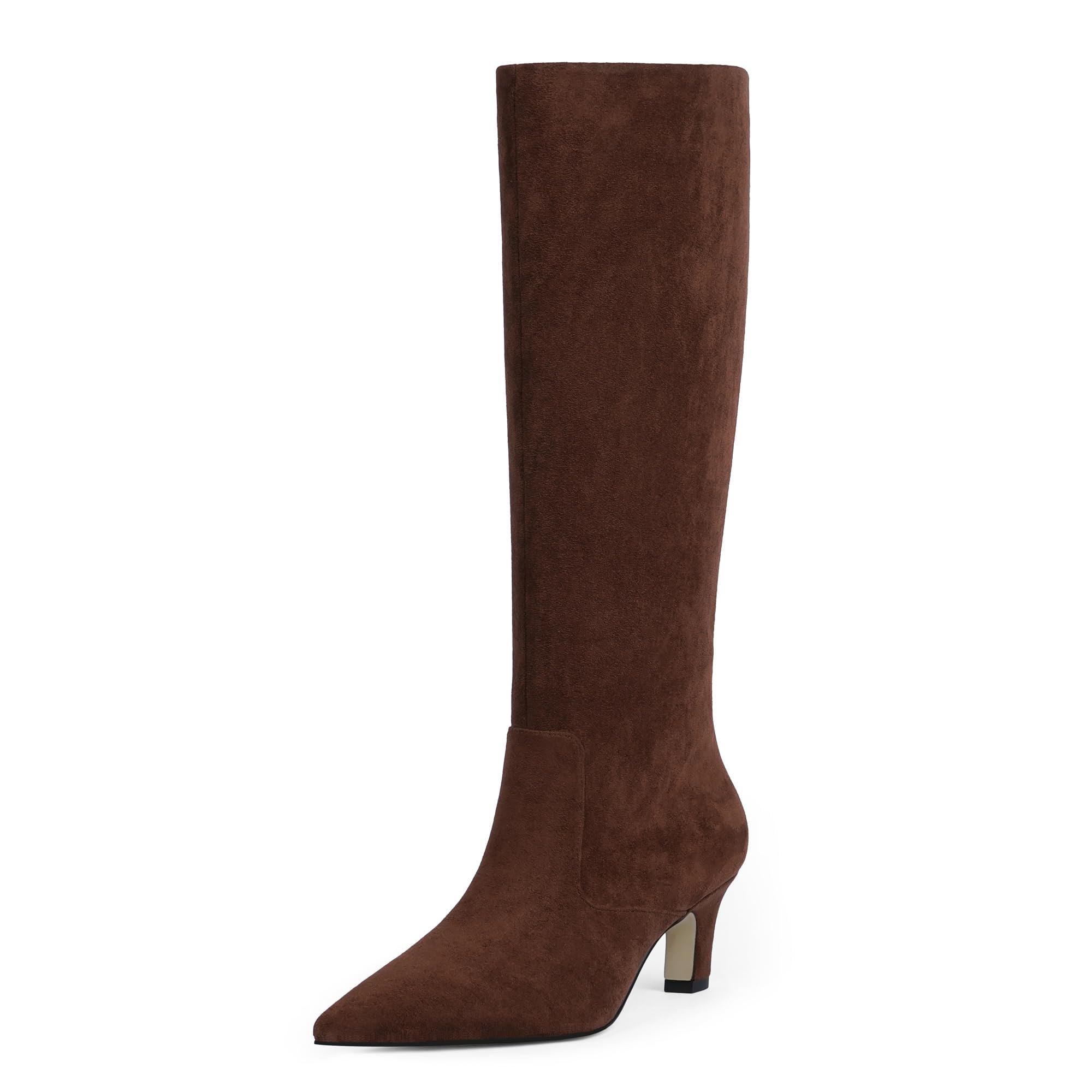 Photo 1 of Easyfox Chocolate Suede Knee High Boots for Women Pointed Toe Faux Leather Long Boots Kitten Block Heel Tall Fall Boots for Women Size 7.5