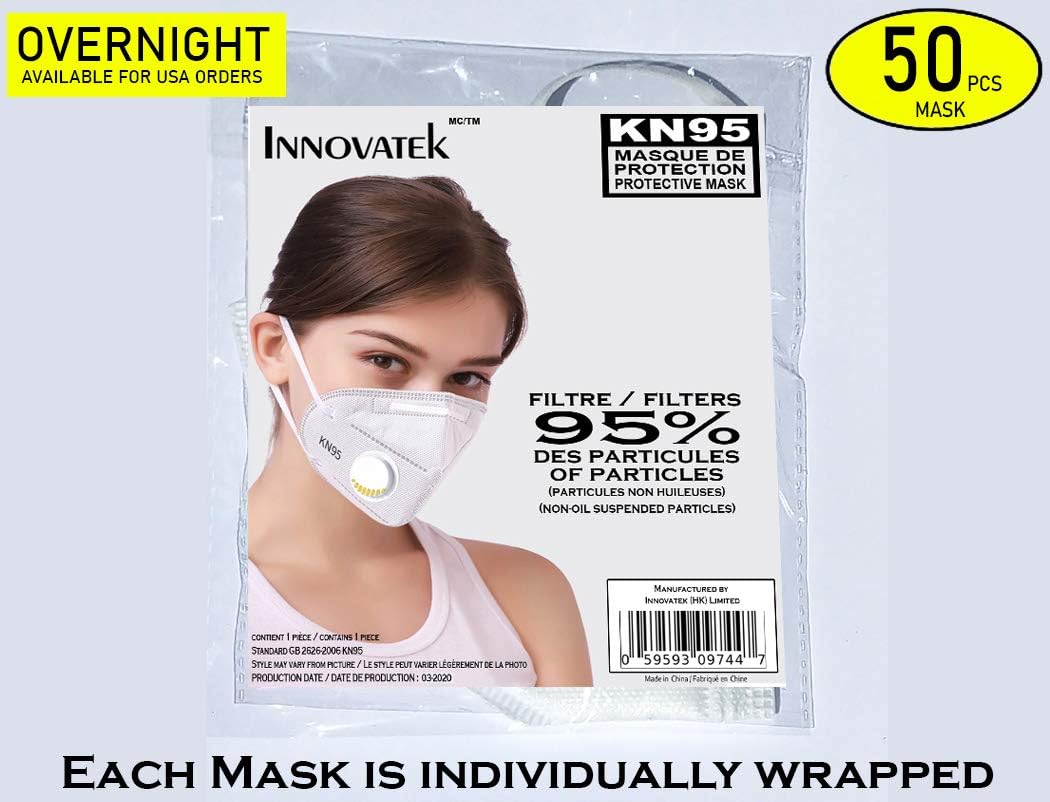 Innovatek 50pcs 5 Layer Face Mask Cover with Breathing Valve 95 KN CE Certification Overnight Available USA White