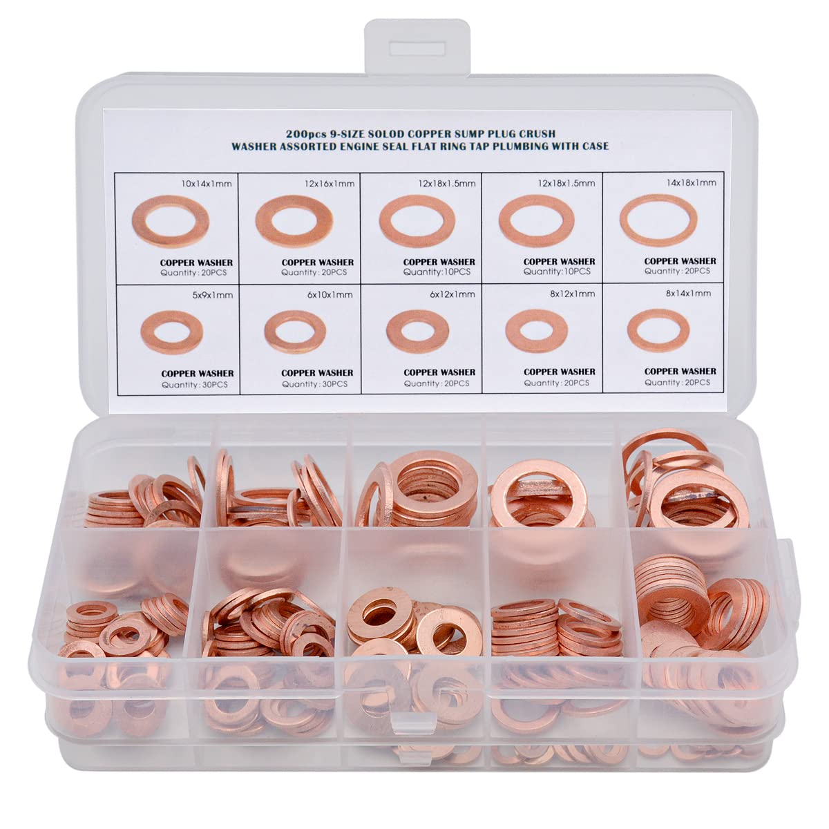 Famgee 200 Pcs Copper Washers Engine Seal Flat Ring Gasket Fastener Metric Sealing Washer Assortment Set - 9 Sizes