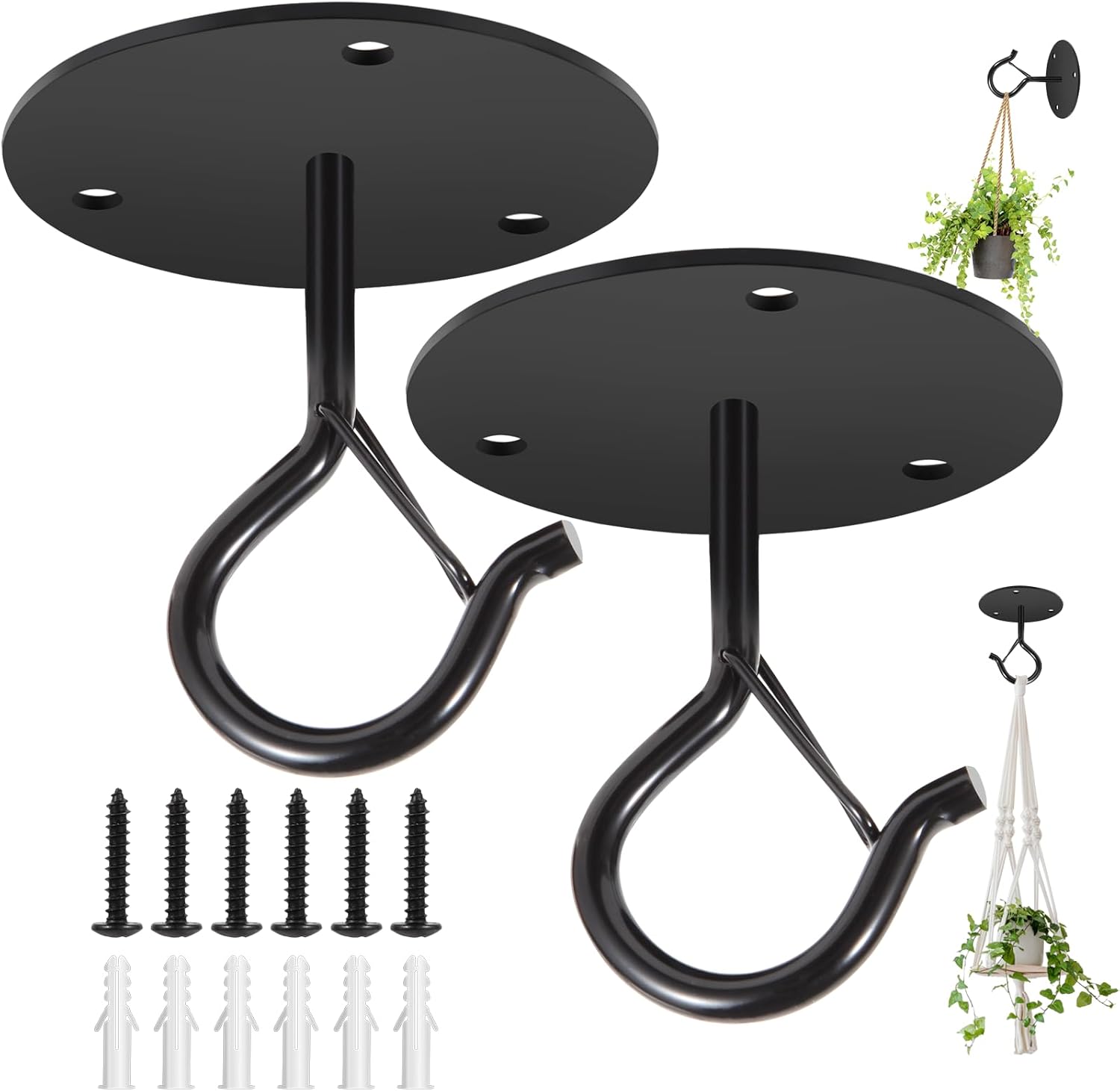 Outdoor Hanging Brackets - Ceiling Hooks 2 Pack 2.75 inch, Ceiling Hooks for Hanging Plants, with Safety Buckle, Metal Plant Hooks Heavy Duty, for Hanging Baskets,Lights,Planters,Lanterns,Bird Feeders,Outdoor,Indoor(Black)