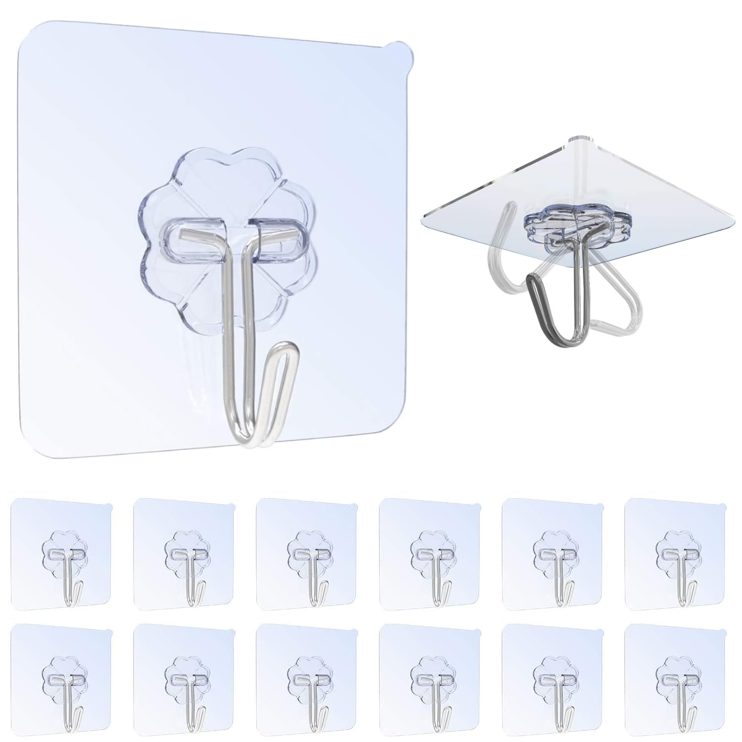 Karrong Pack of 12 Self-Adhesive Towel Hooks Max 8 kg, Transparent, No Drilling, Adhesive Hooks, Bathroom Hooks for Bathroom, Kitchen