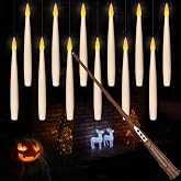 Leejec 12Pcs Floating Candle with Wand Remote, 6/18H Timer, Halloween Decor | Flickering Warm Light, Battery Operated, 6.1" Flameless Taper Magic Hanging Candles, Christmas Wedding Party Gift (Ivory)