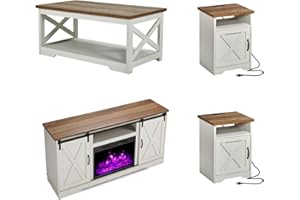 AMERLIFE 5-Piece Farmhouse Table Set Includes Fireplace TV Stand, Coffee Table& Two End Tables with Charging Station and USB Ports, for Living Room, Distressed White, 63"