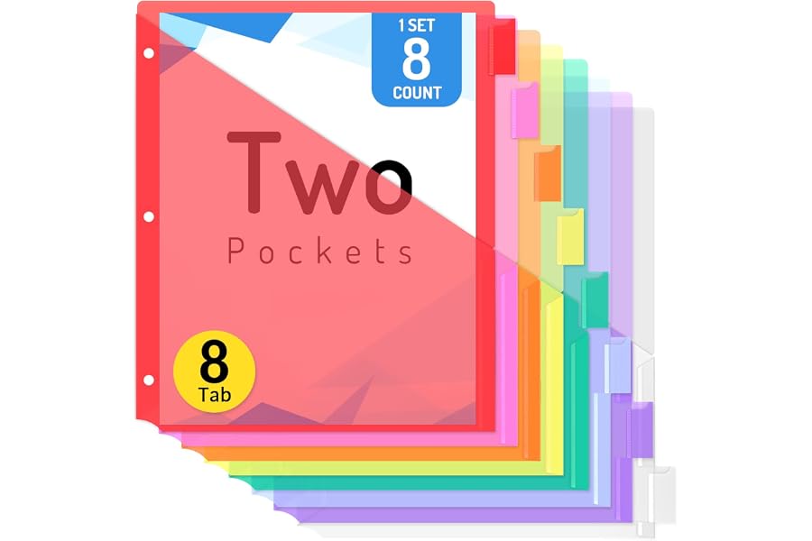 Forvencer 8 Count Dividers with 2 Pockets,8 tabs Binder Dividers with tabs | Dividers for 3 Ring Binder Organizer,School Supplies, Multicolor, 1 Set