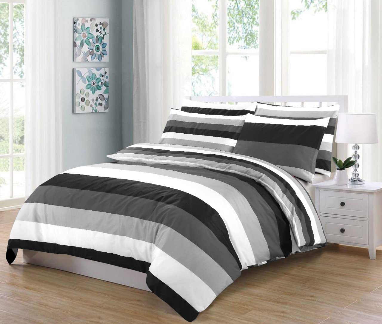 MK Home Textile Stripe Duvet Cover Set, 100% Cotton Rich 200 Thread Count Soft Reversible Quilt Covers White | Red | Black | Grey Bedding Sets Double King Super King Size (Grey Stripe, King)