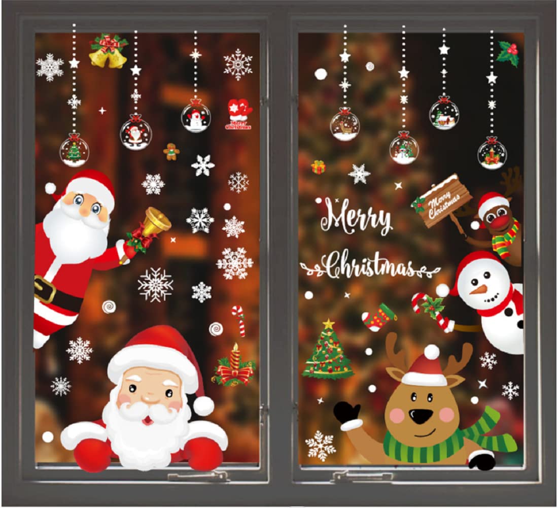 YULOONG Christmas Windows Static Stickers Clings Removable Vinyl Santa Claus Christmas Tree Snowman Snowflake Deer DIY Wall Window Door Mural Showcase Decal Sticker