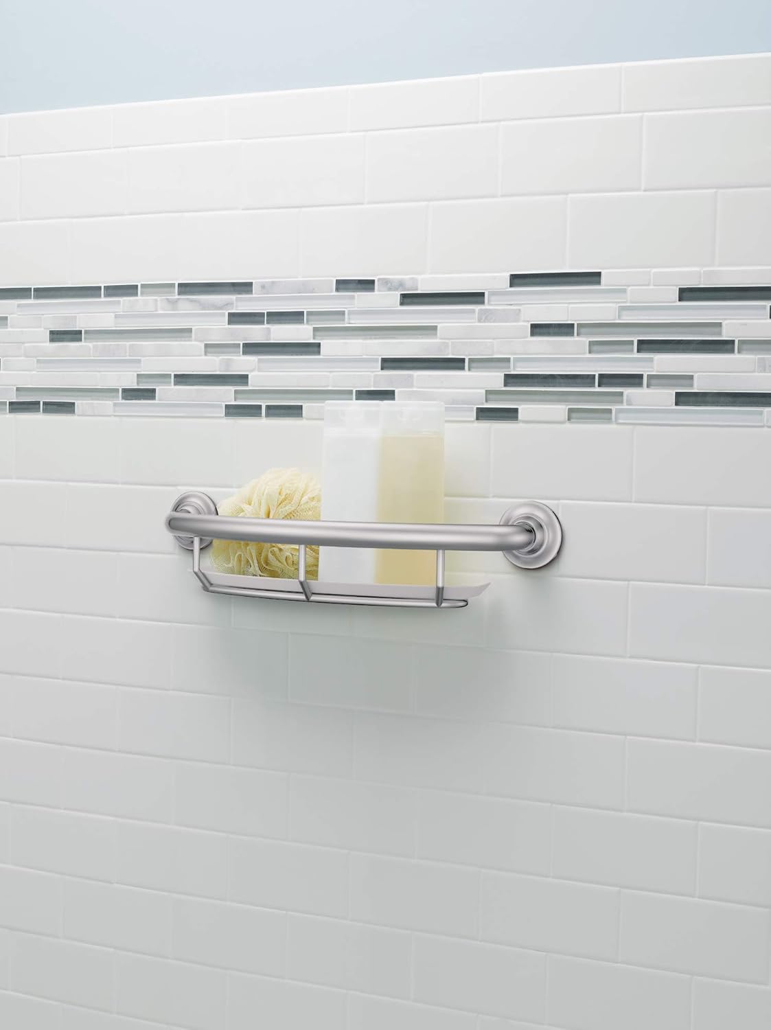 Moen LR2356DCH Home Care 16-Inch Screw-in Curved Bath Safety Grab Bar with Built-in Shelf, Chrome: Industrial & Scientific