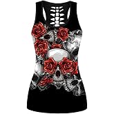 Sister Amy Women's Skull Print Hollow Out T-Shirt Crew Neck Plus Size Tank Top