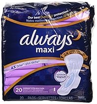 Always Maxi Overnight Extra Heavy Flow With Wings, Unscented Pads 20 Count (Pack of 2)