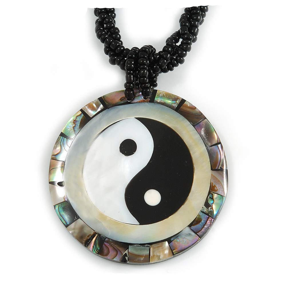 Avalaya 50mm D/Mother Of Pearl Yin Yang Round Pendant with Twisted Black Glass Bead Chain Necklace/ 44cm L