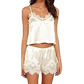 Awoscut Womens Satin Pajama Set 2 Piece Silky Lingerie Sleepwear Camisole and Lace Shorts Set Soft Nightwear