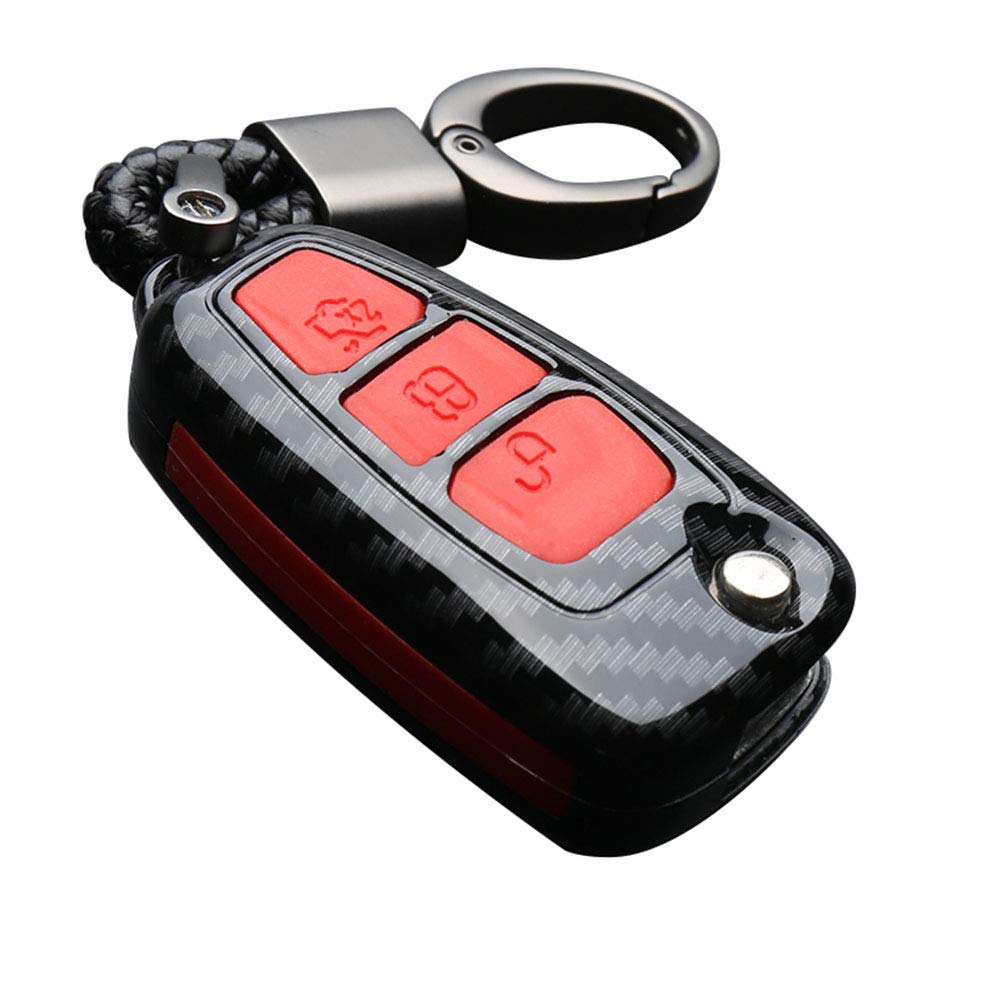 Happyit ABS Carbon Fiber Shell+Silicone Car Key Cover Case Keychain for Ford Focus Mondeo Edge Fiesta Kuga Mondeo MK4 Fusion Escort Ecosport (C carbon fiber + red)