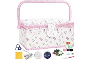 Dicunoy Sewing Basket with Accessories, Large Sewing Box Storage and Organizer Case, Vintage Wooden Sewing Kit Baskets with R