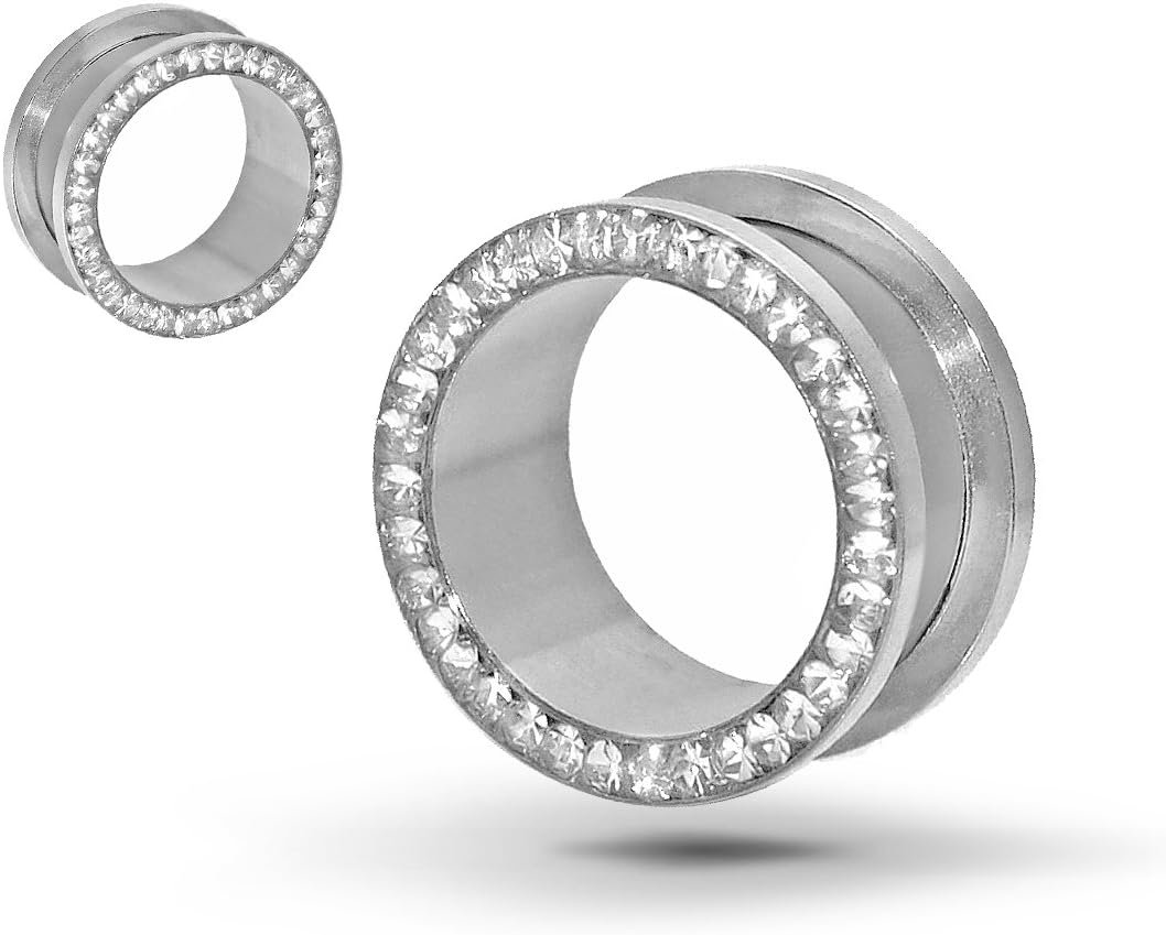 Cubic Zirconia Studded Over Clear Silicone Halo Top Screw Fit Polished Surgical Steel Ear Tunnel Plugs