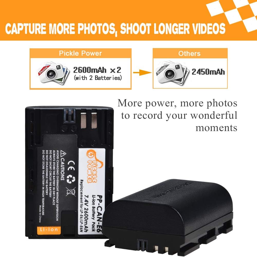 LP-E6 LP-E6N Pickle Power 2 Pcs 2600mAh 7.4V Battery & LED Dual Charger Compatible with Canon EOS 5D Mark II, 5D Mark III, 5D Mark IV, 5DS, 5DS R, 6D, 6D Mark II, 7D, 7D Mark II, 60D, 60DA, 70D, 80D.: Electronics