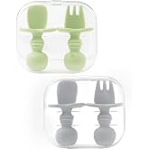 Silicone Baby Spoons &amp; Forks, 4 Pcs Toddler Utensils | Self-feeding utensils for 6 months, first stage design and baby led weaning, includes 2 cases in Green/Grey.