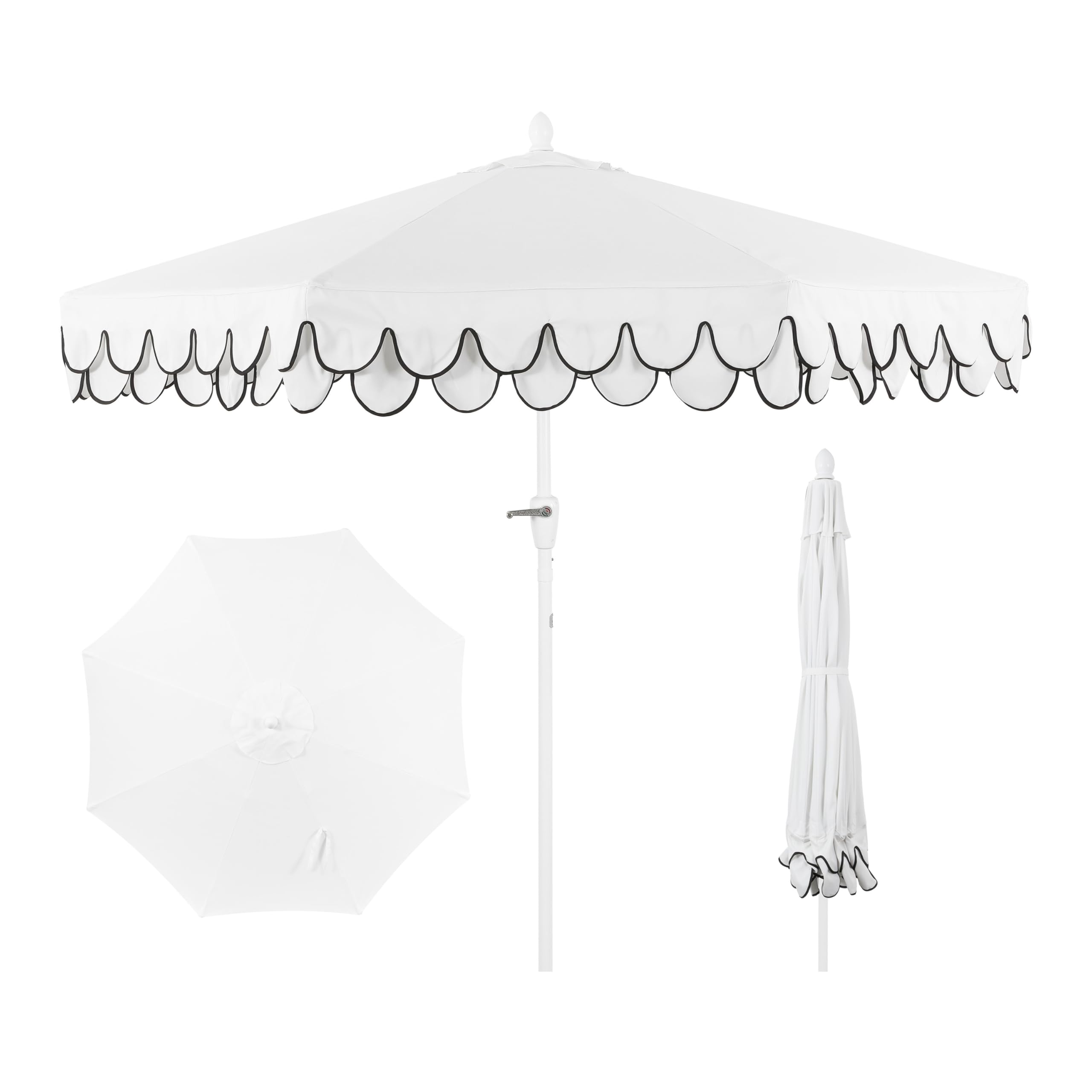 Photo 1 of JONATHAN Y UMB1002D Tracy 9 ft. Classic MidCentury Scalloped Fringe Market Patio Umbrella with Auto-Tilt, Crank, Wind Vent and UV Protection in White/Black