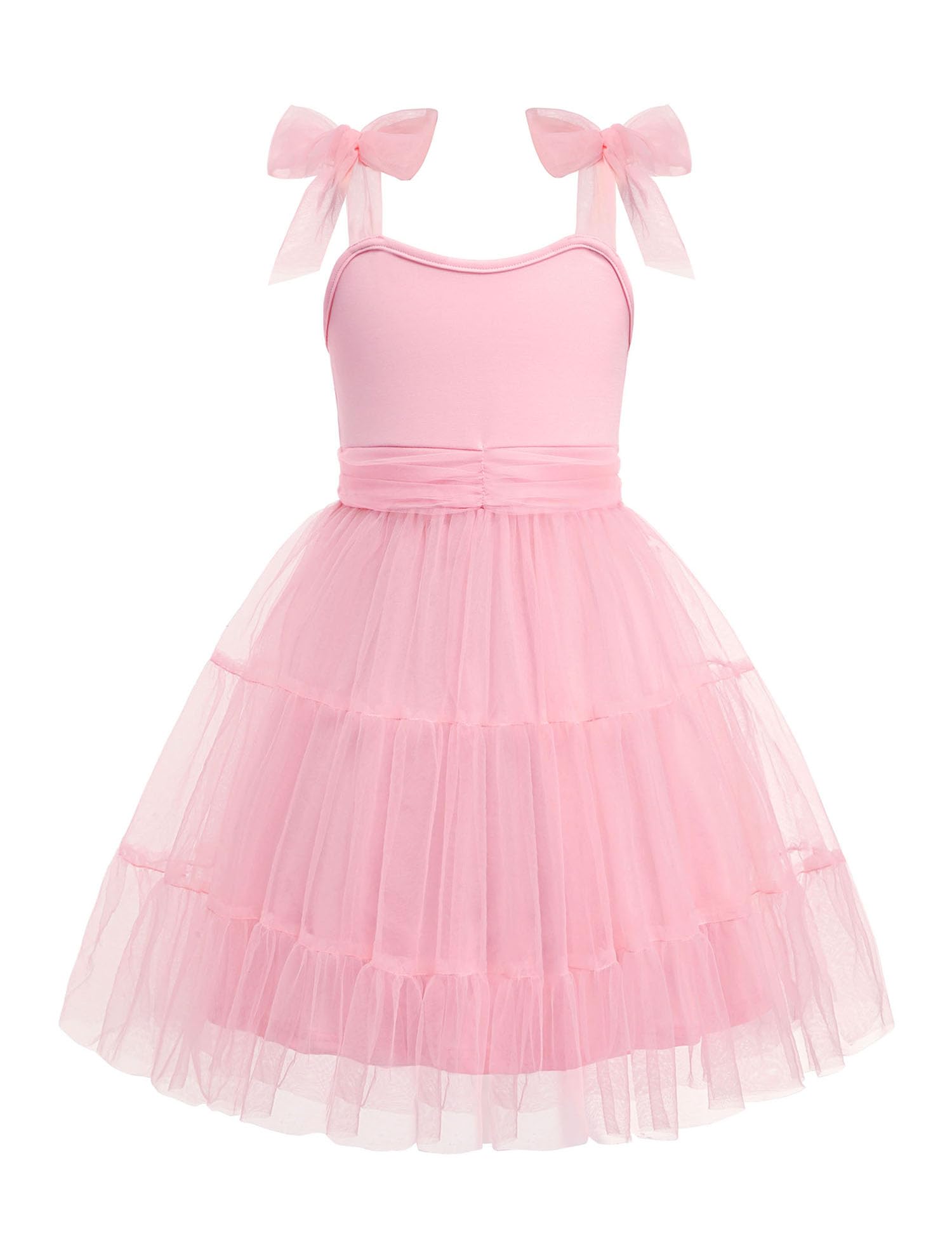 Photo 1 of Arshiner Girls Dresses Summer Sleeveless Bow-Tie Straps Formal Fancy Party Birthday Tulle Dress Light Pink Kids 6-7 Years