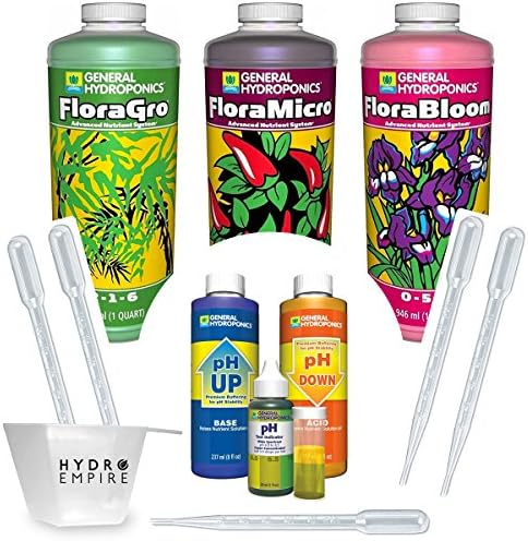 General Hydroponics GH FloraGro FloraBloom FloraMicro (Quart) & pH Control Kit Includes 5 Pipettes & 4oz Hydro Empire Measuring Cup Plant Organic Fertilizer and Nutrients to Build Strong Roots