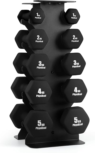 PhysKcal 30kg All Black Dumbbell Set 5 Pairs with Steel Rack