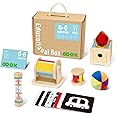 TOOKYLAND Montessori Toys for Babies 0-6 Months, 6 in 1 Learning Educational Set Newborn Toys Including Sensory Ball, Rain Stick, Baby Roller, Spinning Drum, Black and White Cards, Tissue Box.