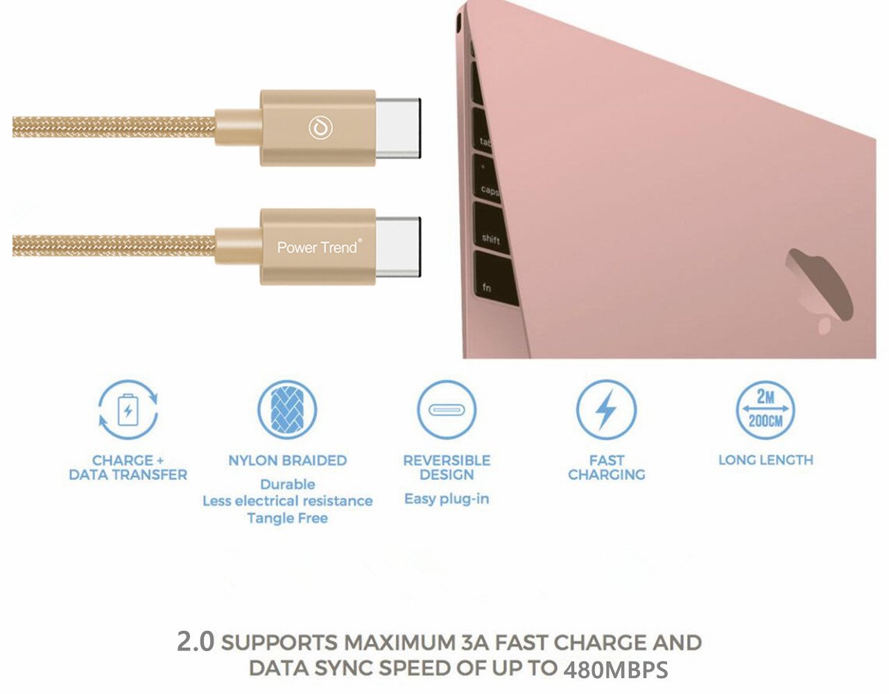 Power Trend 2M 6.6FT Nylon Braided Type C to Type C 2.0 USB Cable Data Transfer Charging Cord 480Mbps for New Apple MacBook and Nintendo Switch (Luxury Gold)
