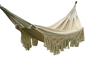 HI SUYI Handmade Cotton Woven Balcony Hammock Hanging Rope Chair Porch Swing with Crochet Fringe for Backyard Patio Garden Outdoor and Indoor Boho Style Natural White