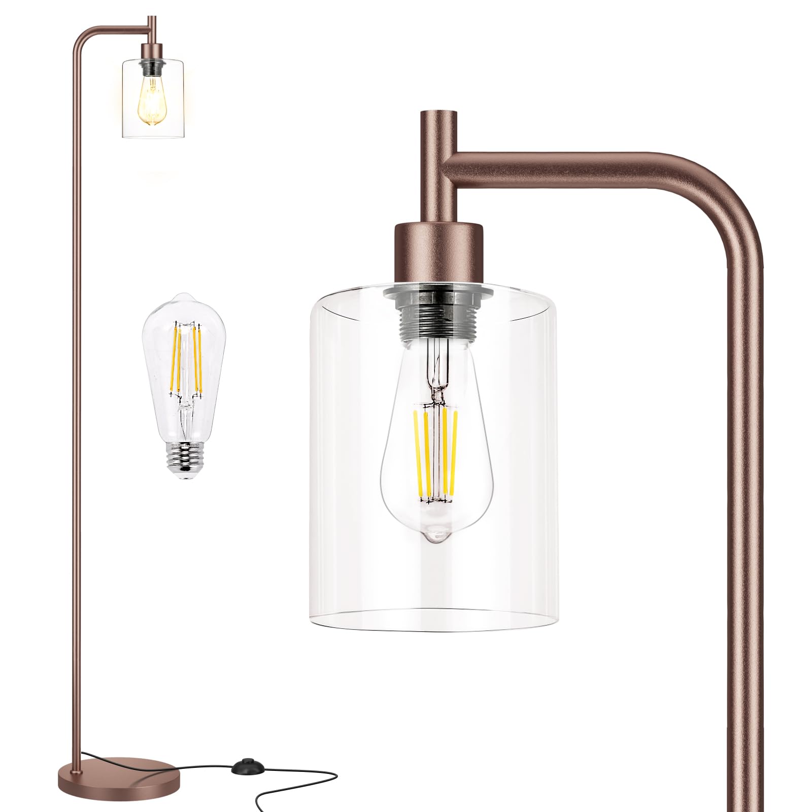 Ziisee Floor Lamps for Living Room - Industrial Standing Lamp with Glass Shade, Modern Floor Lamp with LED Bulbs, Farmhouse Floor Lamp for Bedroom, Tall Lamp for Office - Brown Image