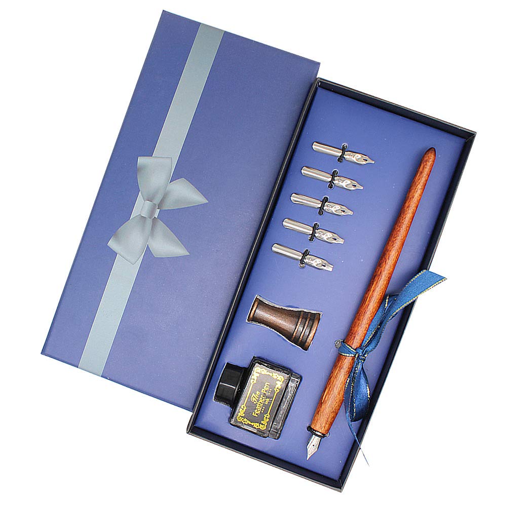 SIPLIV Wooden Dip Pen Handcrafted Manga Pen Calligraphy Pen Set Drawing Painting Kit with 6 Nibs, 1 Pen Holder, 1 Black Ink - Light brown