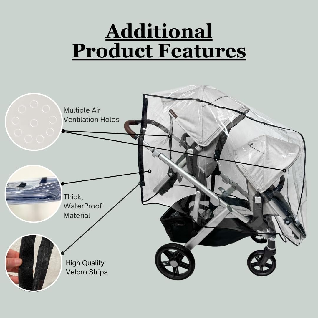 SASHA'S Double Rain and Wind Cover Made for UPPAbaby Vista V2/V3 Double Stroller System w/RumbleSeat - Clear, Ventilation Holes, Maximum Coverage, Made in USA (Stroller not Included)