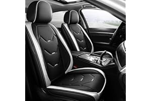 otoez Universal Leather Car Seat Covers 5 Seat Full Set Automotive Seat Protector Replacement Compatible with Most Honda Toyota Chevy Ford Nissan Vehicles, Trucks, SUVs(White+Black,No Pillows)