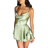 Caviotess Women's Elegant Satin Backless Mini Dress Sexy Cowl Neck Lace Up Short Dress Spaghetti Strap Tiered Party Prom Dress Green