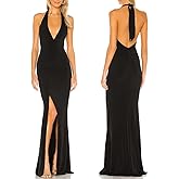 Aigeman Women's Sexy Deep V-Neck Halter Evening Gown High Split Backless Maxi Dress Bodycon Formal Dress 408