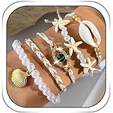 Dmaiy Boho Beach Bracelets Summer Beaded Bracelets for Women Gold Layered Bracelet Set Pearl Shell Bracelet Ocean Adjustable Bangle