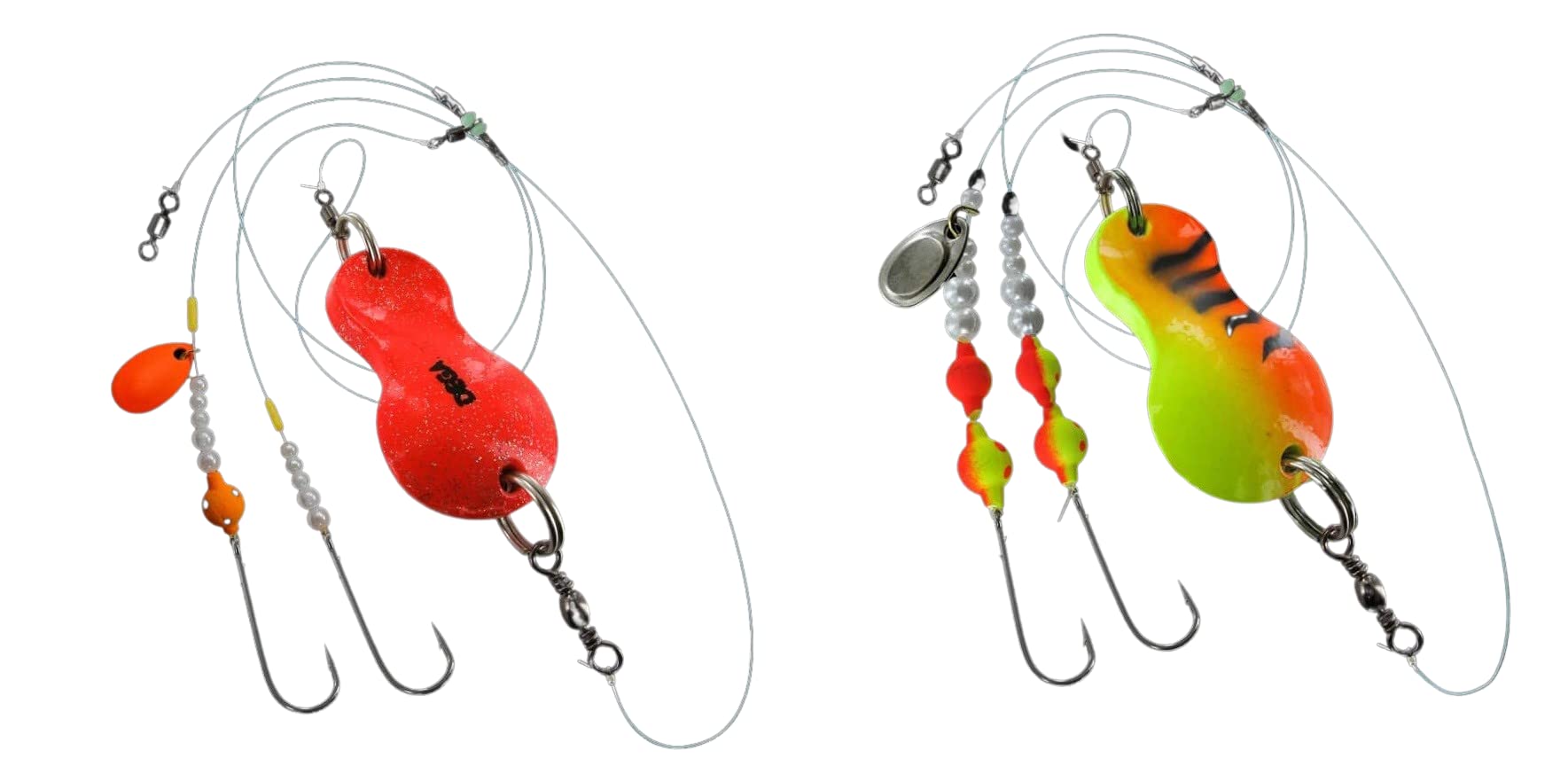 blntackle76 Jenzi Flatfish Spoons Assembled 60 g Orange Glitter & 80 g Green / Red / Tiger Glitter + Free Petri Heil! Sticker Set of 2
