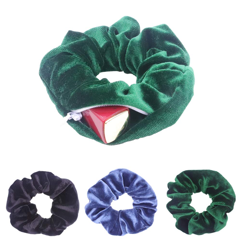 3 Pack Velvet Elastic Hair Tie Scrunchies with Hidden Zippered Pocket for VSCO Girls&Women& Lady,Soft Hair Bands Accessories,Great for All Occasions (Black&Jasper&Navy)