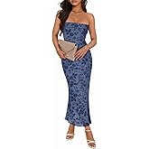 MEROKEETY Women's 2026 Summer Floral Strapless Dress Bodycon Tube Slit Mesh Wedding Guest Cocktail Party Maxi Dresses